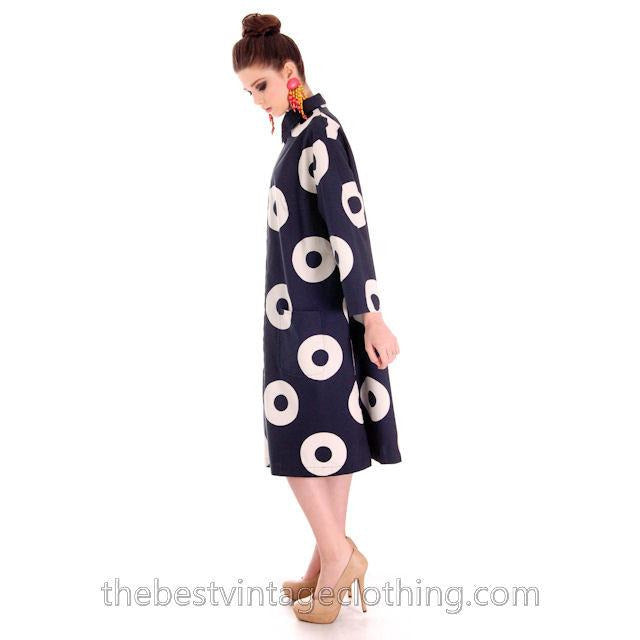 Vintage 1970s Vuokko Designer Black And White Circles Print A Line Dress Cotton 44 Large marimekko Vuokko