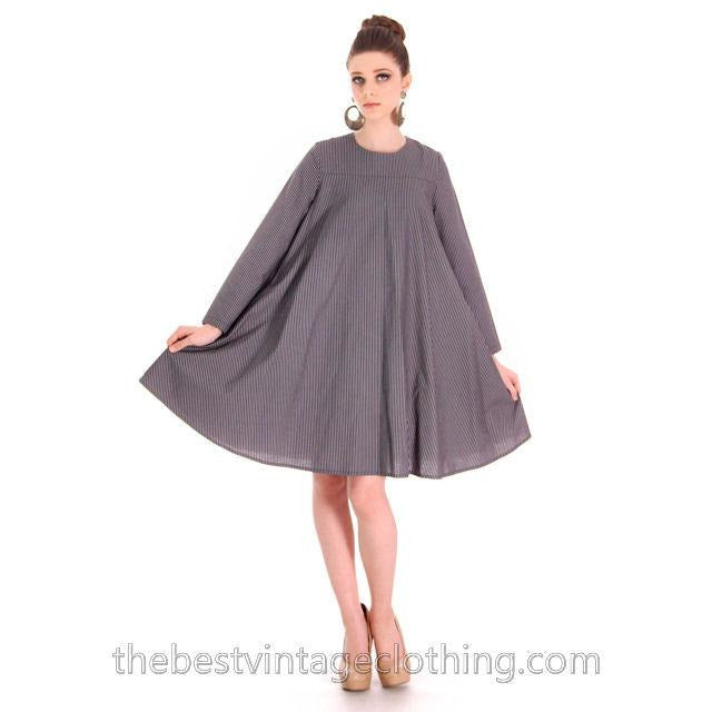 Vintage 1970s Vuokko Designer Black And Gray Stripes Print A Line Mini Dress Cotton XS marimekko Vuokko