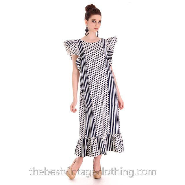 Vintage Marimekko Blue & White Geometric Print Jumper Dress Late 1960s M-L marimekko marimekko