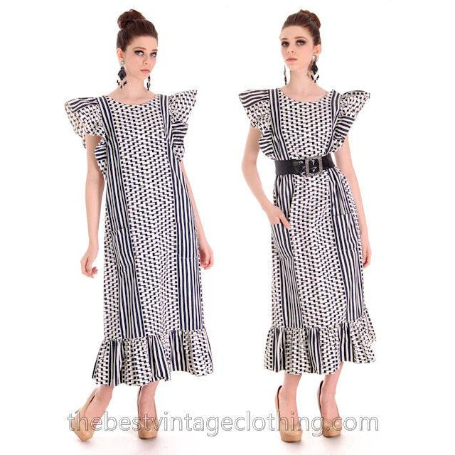 Vintage Marimekko Blue & White Geometric Print Jumper Dress Late 1960s M-L marimekko marimekko