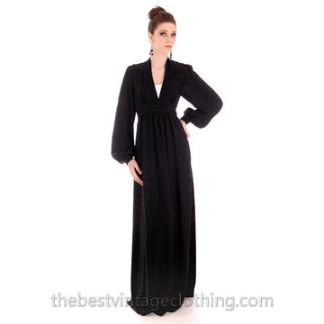 Ossie Clark Vintage 1970s Maxi Gown Black Moss Crepe 1940s Style 14/38 M-L Women's,New Arrivals Ossie Clark