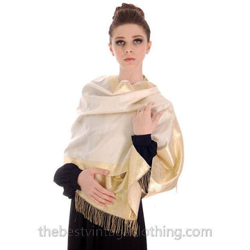 Vintage Pearl Ivory Silk Scarf /Shawl Gold Metallic Paisley Trim & Fringe 1920s Women's,Accessories,New Arrivals vendor-unknown