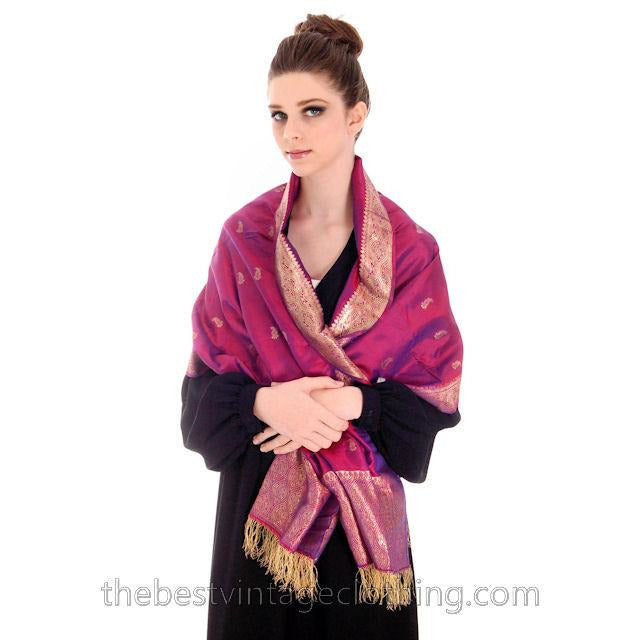 Vintage Violet Silk Scarf /Shawl Gold Metallic Paisley Trim & Fringe 1920s Women's,Accessories,New Arrivals The Best Vintage Clothing