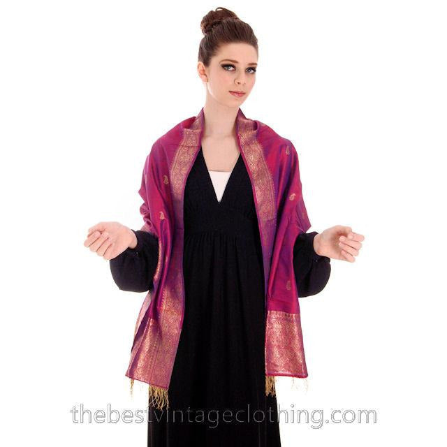 Vintage Violet Silk Scarf /Shawl Gold Metallic Paisley Trim & Fringe 1920s Women's,Accessories,New Arrivals The Best Vintage Clothing