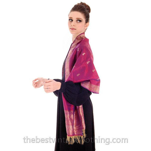 Vintage Violet Silk Scarf /Shawl Gold Metallic Paisley Trim & Fringe 1920s Women's,Accessories,New Arrivals The Best Vintage Clothing