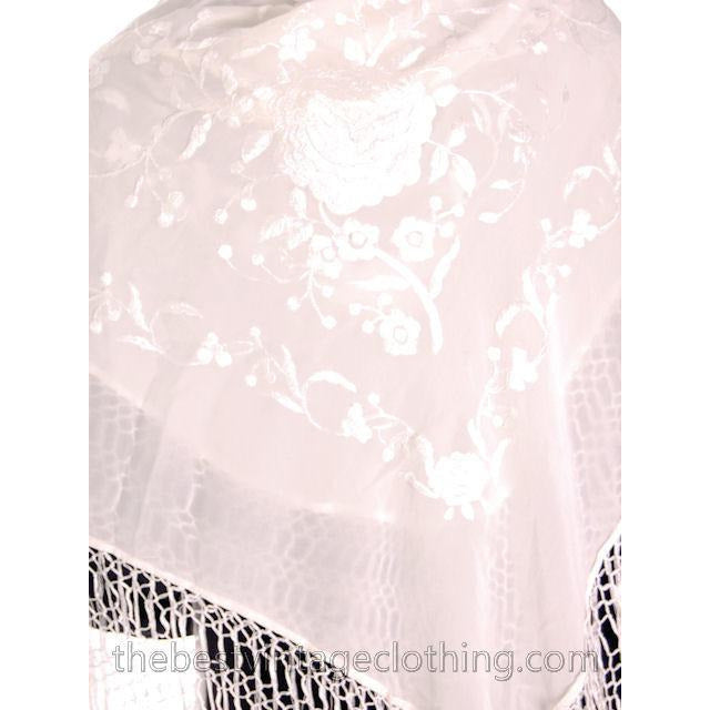 Vintage 1930s Pure White on White Silk Embroidered Shawl Long Fringe Wedding Accessories No Label