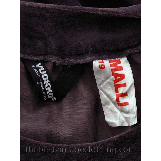 Vintage 1970s Vuokko Suomi Finland Designer Purple Velvet Mid Calf Length Dress S marimekko Vuokko