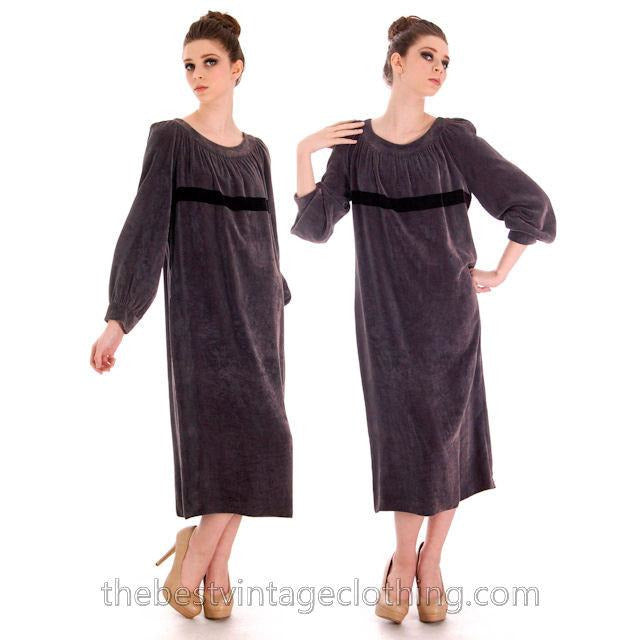 Vintage 1970s Vuokko Suomi Finland Designer Purple Velvet Mid Calf Length Dress S marimekko Vuokko