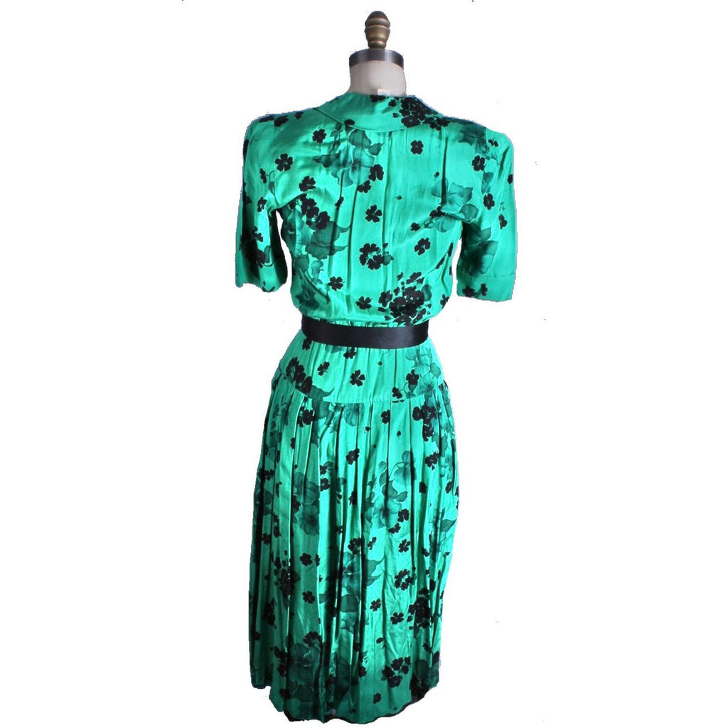 Vintage 1980s Dress Green Black Print Rayon 40s Look Womens Sz S Hip Drape dresses The Best Vintage Clothing