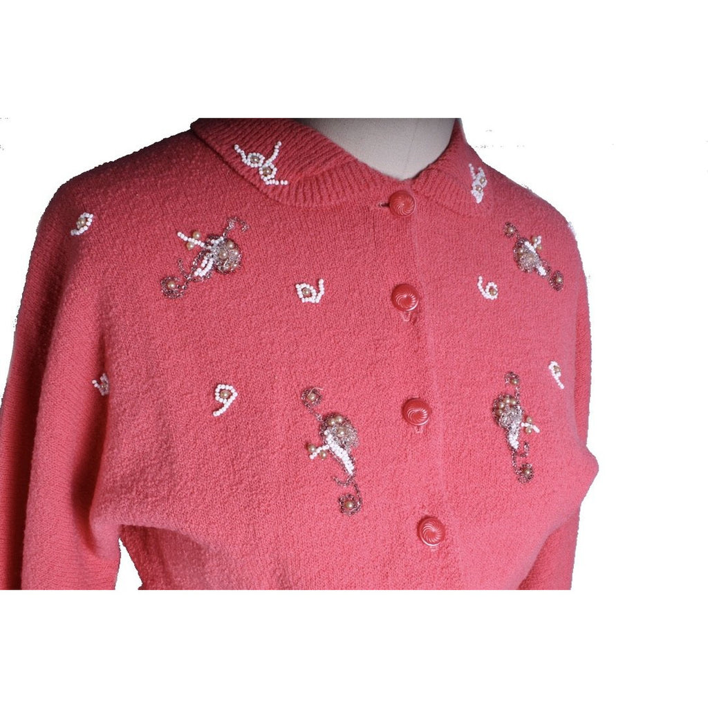 2PC Vintage Secretary Skirt Suit Sweater Suit 1950s Pink Beaded Wool Boucle Womens M Women's,New Arrivals The Best Vintage Clothing