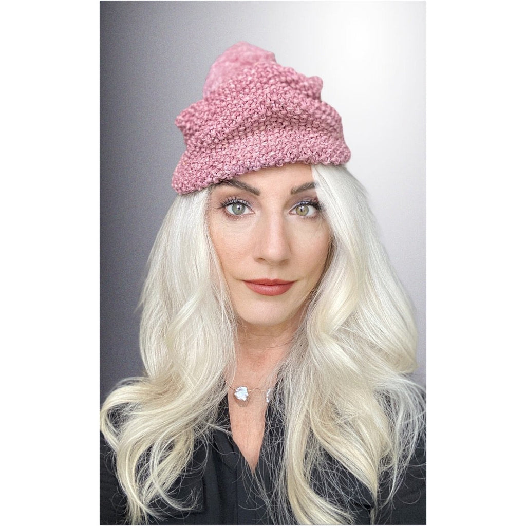 Vintage Ladies Knit Hat Dusty Rose Pink w/ PomPom Metallic Hand-Knit 1940S Hats The Best Vintage Clothing