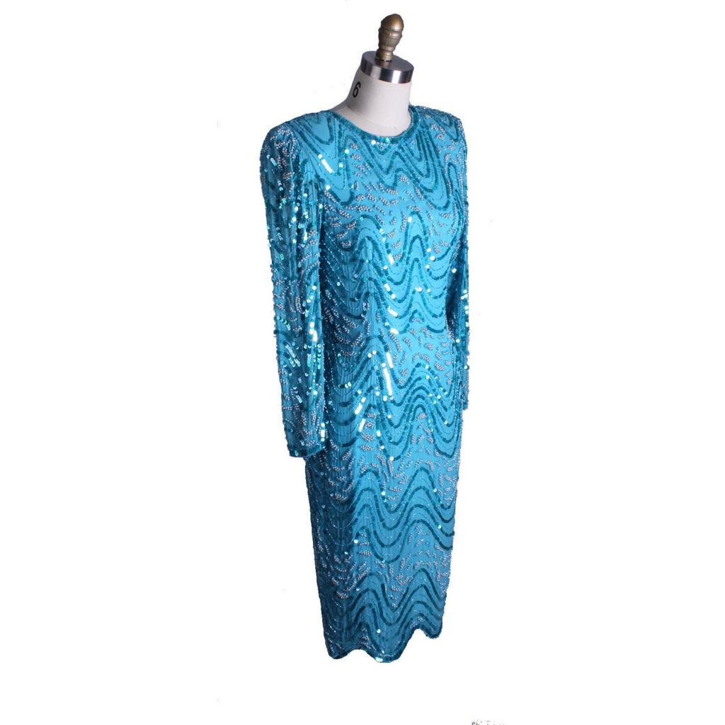 1980s Vintage Evening Glam Dress Turquoise Sequins Twilight Connection Womens M dress The Best Vintage Clothing