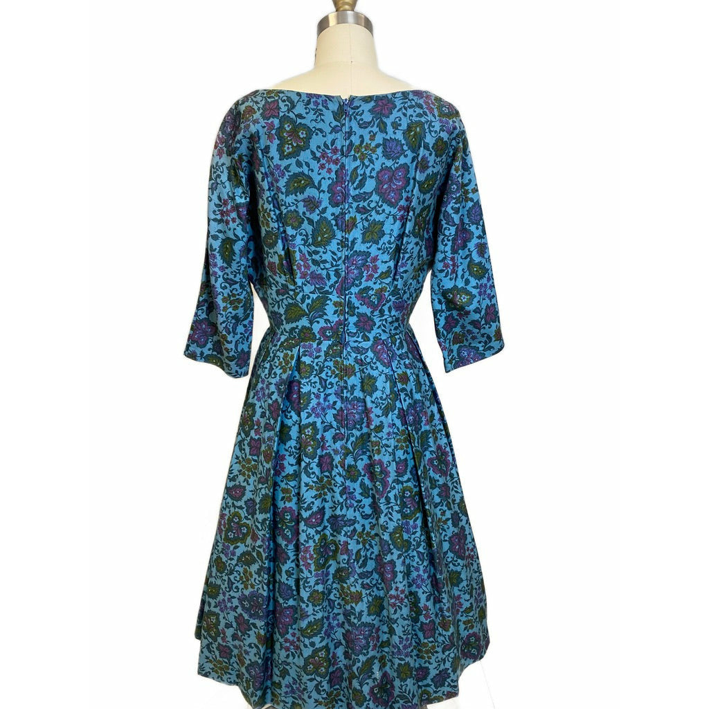 VTG R&K Original Dress 50s Polished Cotton Day/Party Blue Floral M/L Wide Waist Dresses The Best Vintage Clothing