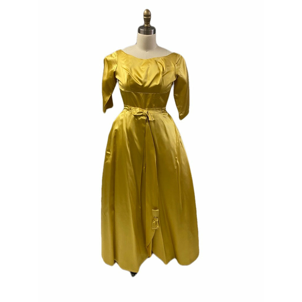 Vintage 1960s Gold Satin Taffeta Cocktail Dress + Detachable Long Skirt XS Dresses The Best Vintage Clothing