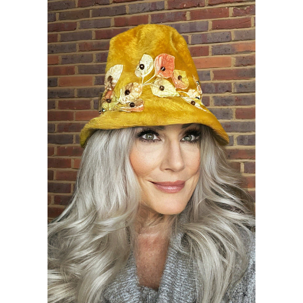 Vintage Harvest Gold Bucket Hat 1960s Mod Wool Sz 22 Applique Flowers Beads Hats The Best Vintage Clothing