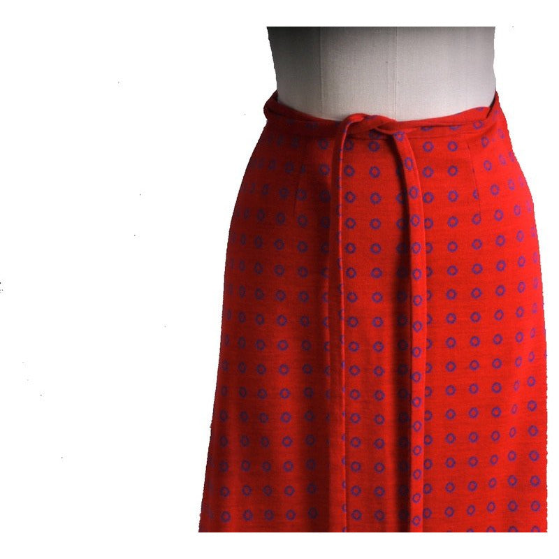 1960s Vintage Vuokko Wool Knit Maxi Skirt Red Blue Circle Print Sz 34 marimekko The Best Vintage Clothing