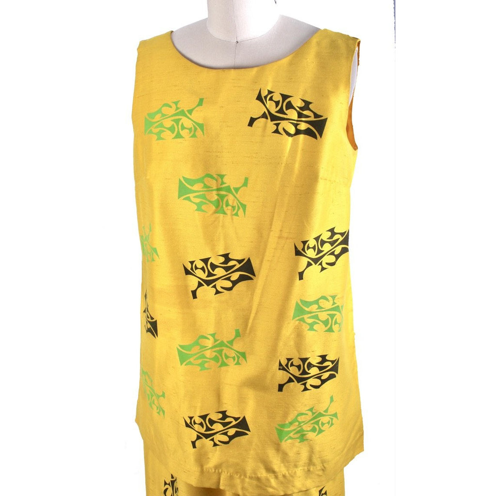 Vintage Tummey Hand Block Printed 1970s Pantsuit Yellow Tunic & Slacks S/M The Best Vintage Clothing