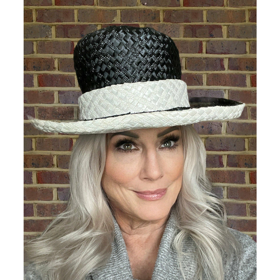 Vintage Mr. John Jr Wide Brimmed Tall Hat Black/ White Straw Church Derby Hats The Best Vintage Clothing