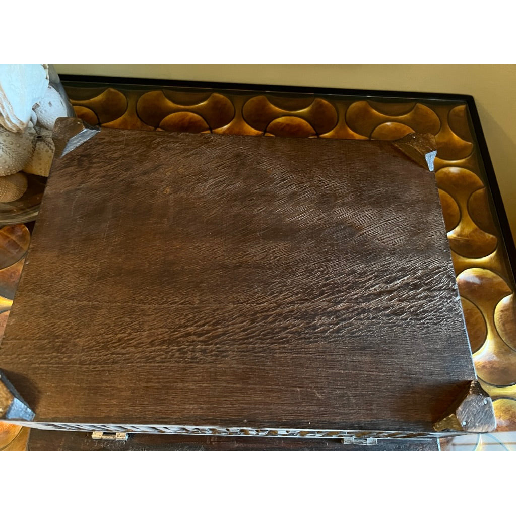 VTG Bohemian Wood Hand Carved Trinket Jewelry Box Cat/ Design 12"x10" Dark Wood Cart2cart The Best Vintage Clothing