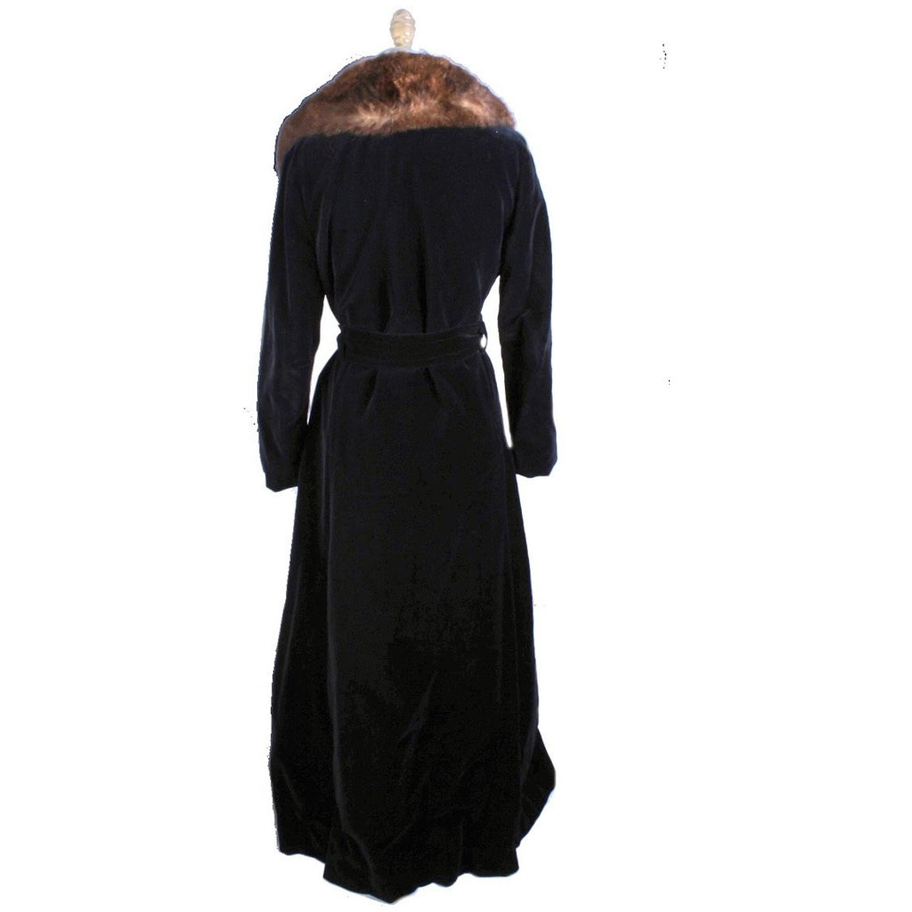 1970s Womens Maxi Coat Black Cotton Velvet Wrap Fur Trim M/L Super 70s The Best Vintage Clothing