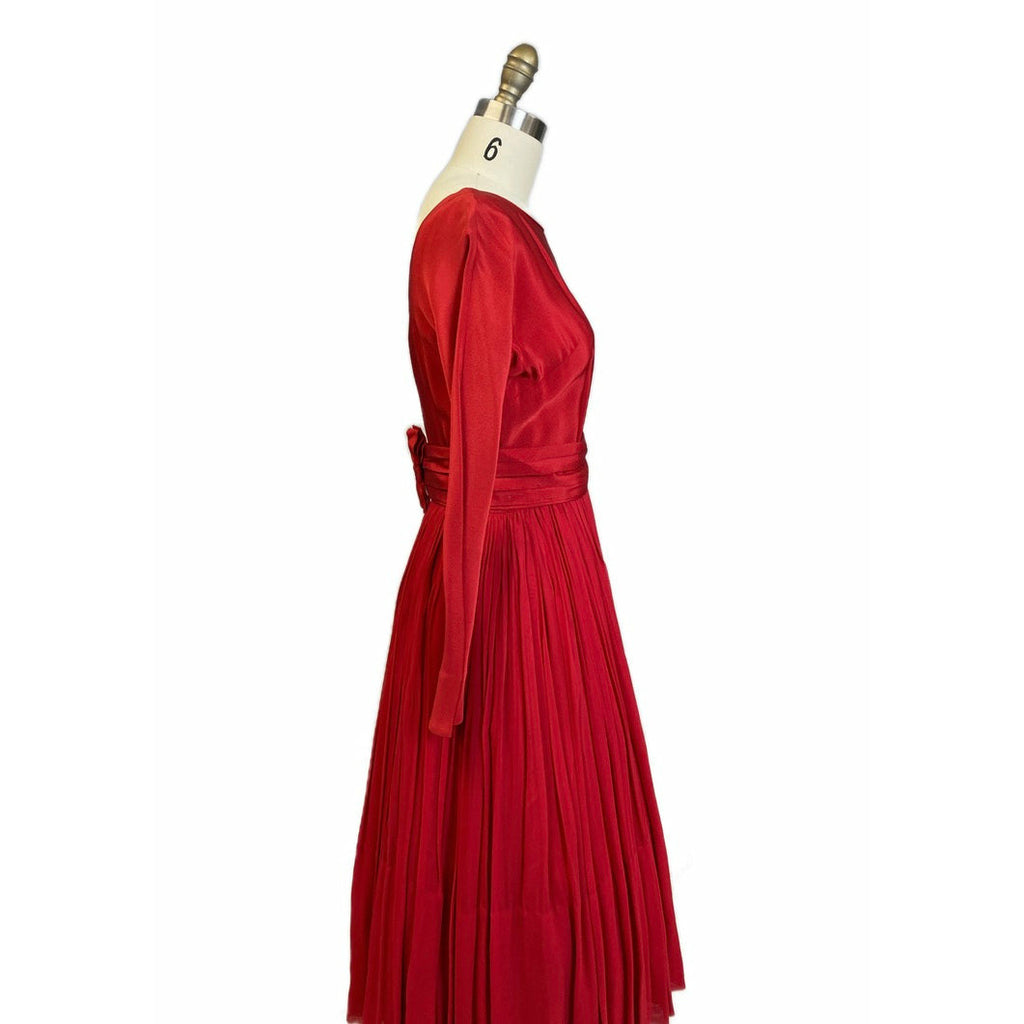 1940s Vintage Cocktail Dress Red L'Aiglon Wide Waist Sheer Skirt Sleek M Dresses The Best Vintage Clothing