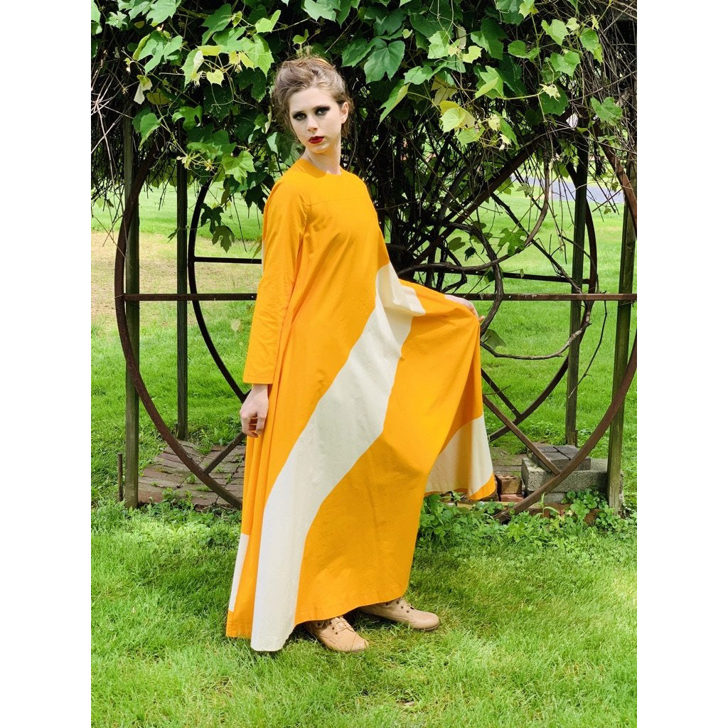Vintage ”Metsä” Vuokko Nurmesniemi Womens Tent Dress 70s M EU42 Yellow White Stripe Cotton marimekko The Best Vintage Clothing
