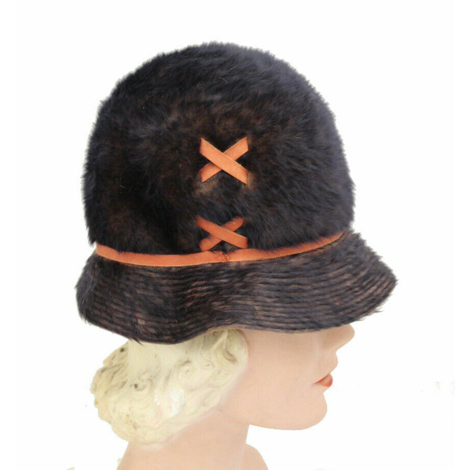 VTG 1960's Miss Carnegie / Hattie Carnegie MOD Bucket Hat Brown Fur Rust S/M The Best Vintage Clothing