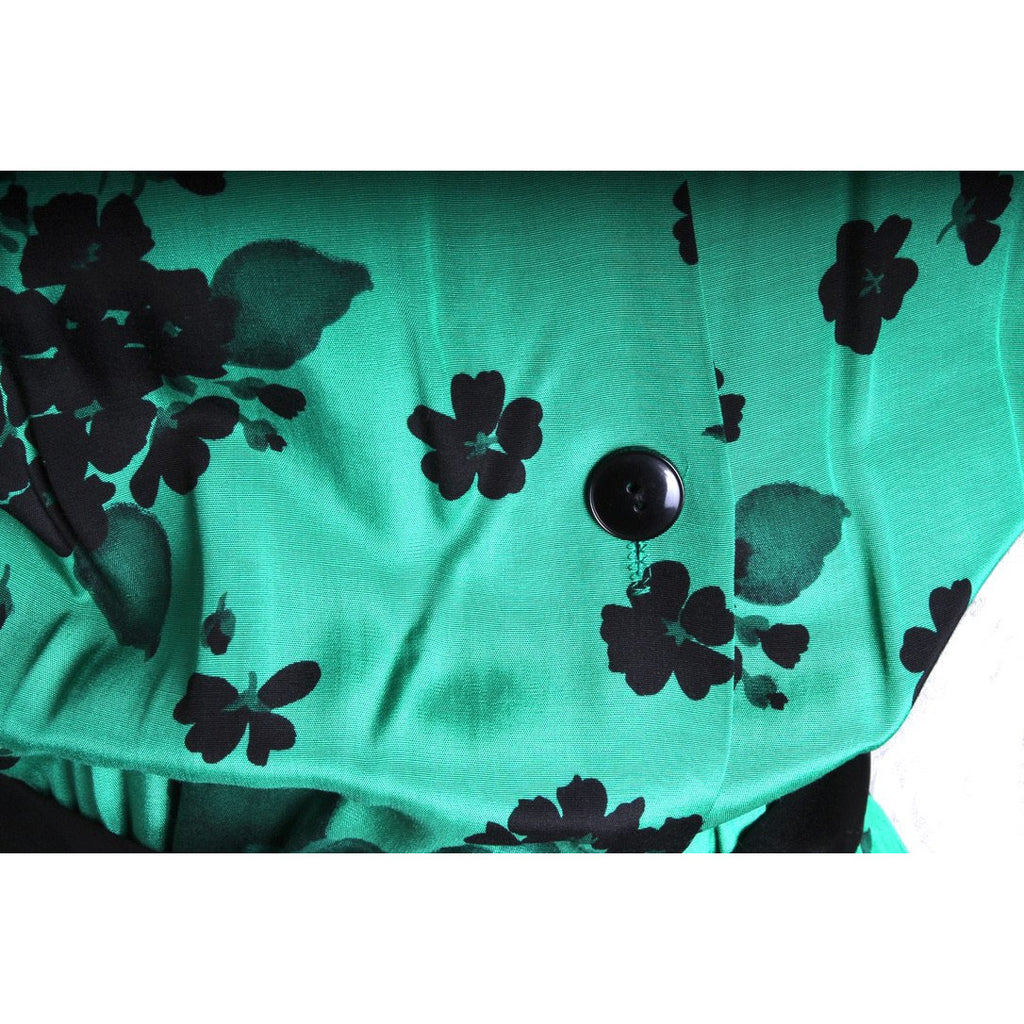Vintage 1980s Dress Green Black Print Rayon 40s Look Womens Sz S Hip Drape dresses The Best Vintage Clothing