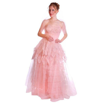 Vintage Full Length Dress Pink Prom Gown Frothy Lace & Tulle 1940s Small - The Best Vintage Clothing
 - 1