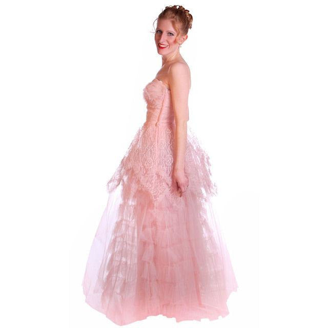 Vintage Full Length Dress Pink Prom Gown Frothy Lace & Tulle 1940s Small Cart2cart The Best Vintage Clothing