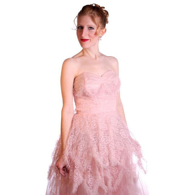 Vintage Full Length Dress Pink Prom Gown Frothy Lace & Tulle 1940s Small Cart2cart The Best Vintage Clothing