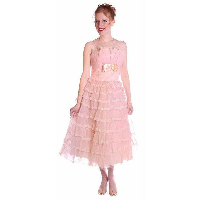 Vintage Pink Party Dress Chiffon Ruffles Skirt 1950s 32-25-Free Cart2cart The Best Vintage Clothing