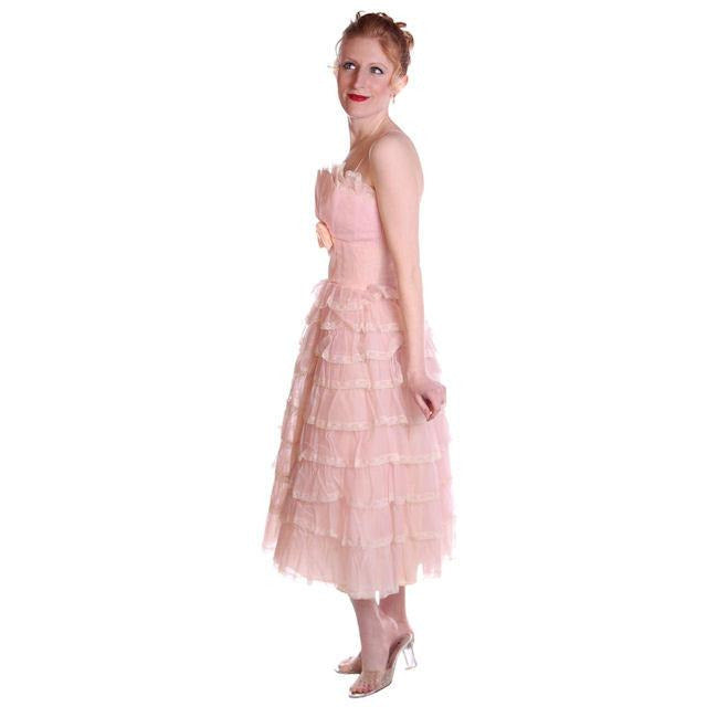 Vintage Pink Party Dress Chiffon Ruffles Skirt 1950s 32-25-Free Cart2cart The Best Vintage Clothing