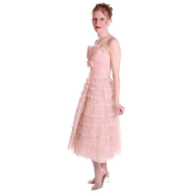 Vintage Pink Party Dress Chiffon Ruffles Skirt 1950s 32-25-Free Cart2cart The Best Vintage Clothing