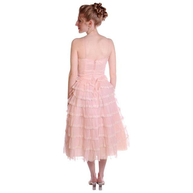 Vintage Pink Party Dress Chiffon Ruffles Skirt 1950s 32-25-Free Cart2cart The Best Vintage Clothing