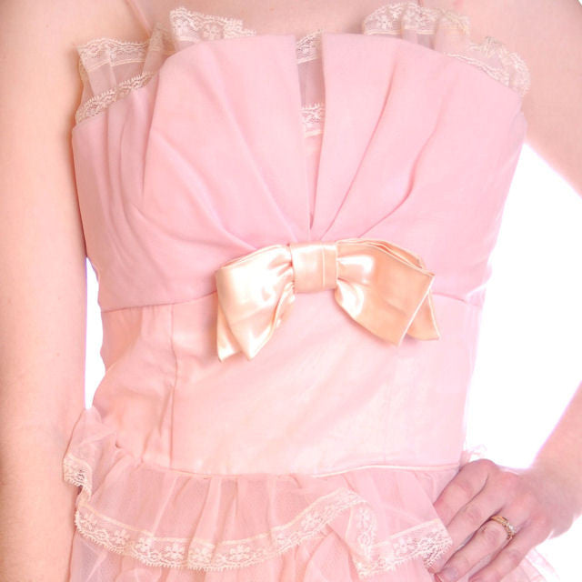 Vintage Pink Party Dress Chiffon Ruffles Skirt 1950s 32-25-Free Cart2cart The Best Vintage Clothing