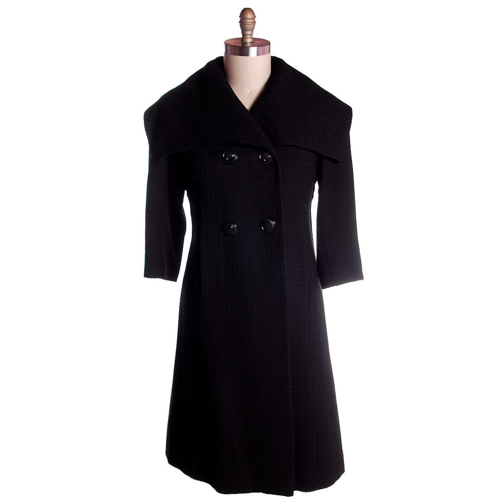 Vintage Black Textured Wool Swing Coat Huge Collar George Carmel Size M 1950s - The Best Vintage Clothing
 - 1