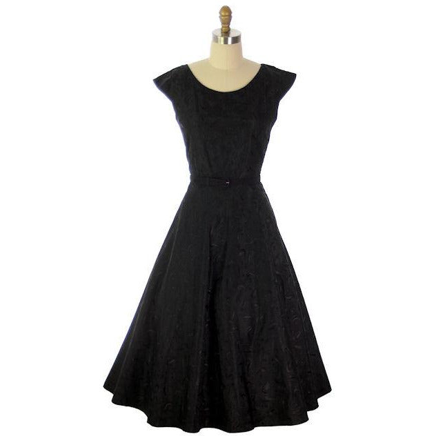 Vintage Black Embroidered Taffeta Party Dress Full Skirt 1950s 36-27-Free Women's The Best Vintage Clothing