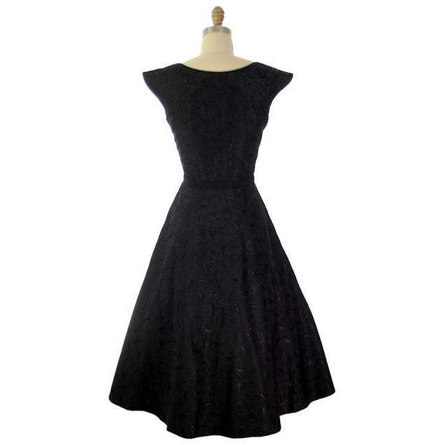 Vintage Black Embroidered Taffeta Party Dress Full Skirt 1950s 36-27-Free Women's The Best Vintage Clothing