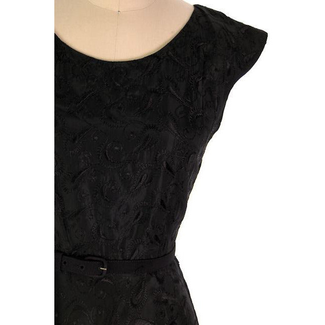 Vintage Black Embroidered Taffeta Party Dress Full Skirt 1950s 36-27-Free Women's The Best Vintage Clothing
