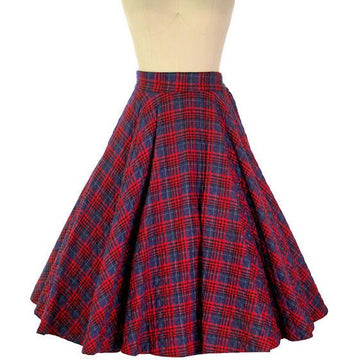 Vintage Circle Skirt Quilted Red Navy Blue Plaid 1950s 24-27