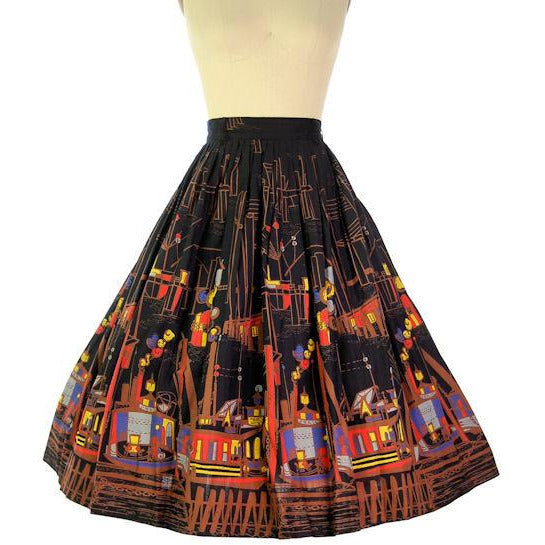 Vintage Border Print Skirt Cotton Colorful Cityscape 1950s Never Worn - The Best Vintage Clothing
 - 1