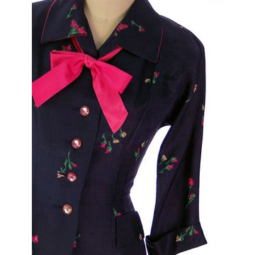 Vintage Ladies Raw Silk Suit Printed Navy Blue/Pink Floral R&K Originals 1950s Women's vendor-unknown