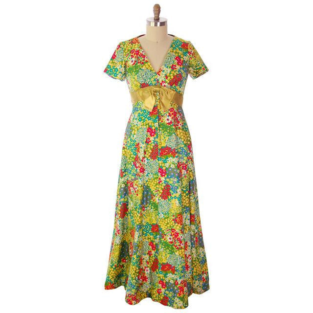 Vintage Polished Cotton Summer Maxi Gown Bright Florals Rona 1970s 38-32-42 Women's Rona