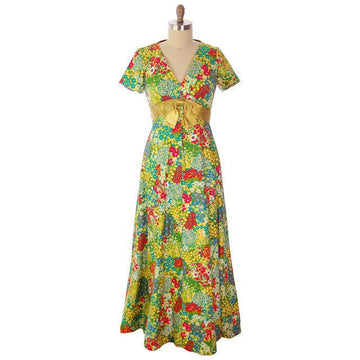 Vintage Polished Cotton Summer Maxi Gown Bright Florals Rona 1970s 38 ...