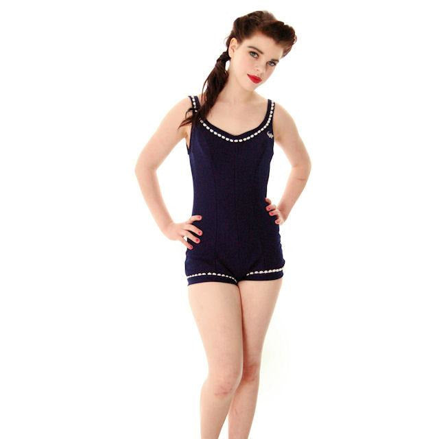 Vintage Ladies 1 PC Swimsuit Navy Blue /White Chenille Trim Haymaker 1970s - The Best Vintage Clothing
 - 1