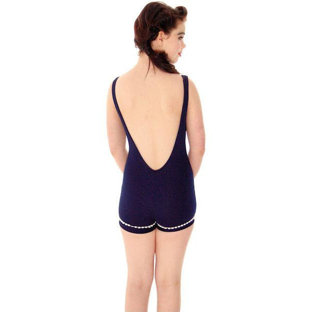 Vintage Ladies 1 PC Swimsuit Navy Blue /White Chenille Trim Haymaker 1970s Women's,New Arrivals vendor-unknown