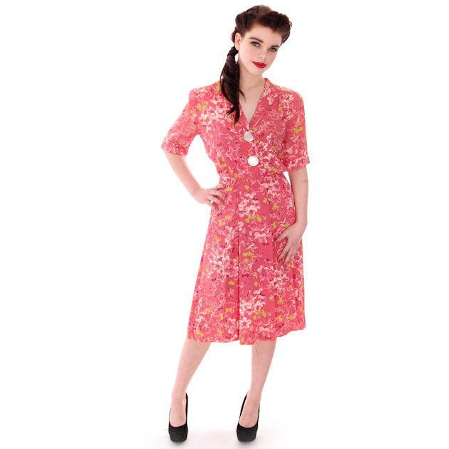 Vintage Printed Rayon Knit Dress Coral FLoral 1940s George Hess 40-27-36 Women's,New Arrivals The Best Vintage Clothing