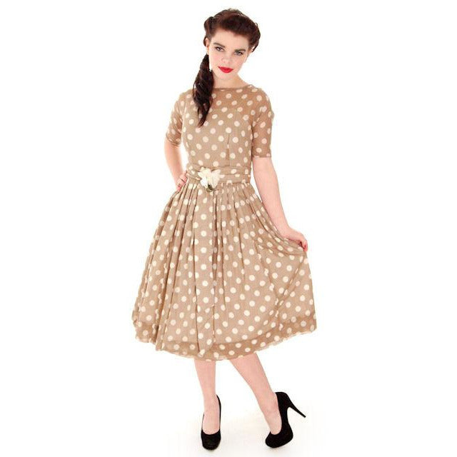 Vintage Taupe Cotton Polka Dot Dress Sheer Overlay 1950s 32-25-Free Women's,New Arrivals The Best Vintage Clothing