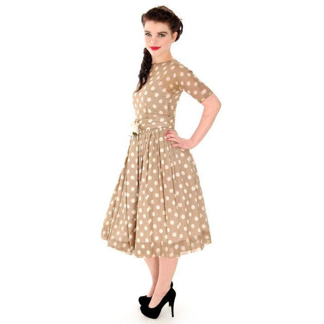 VTG 50s Taupe Polka Dot Sheer Cotton Dress COTTAGECORE MAD MEN Garden Party XS Women's,New Arrivals The Best Vintage Clothing